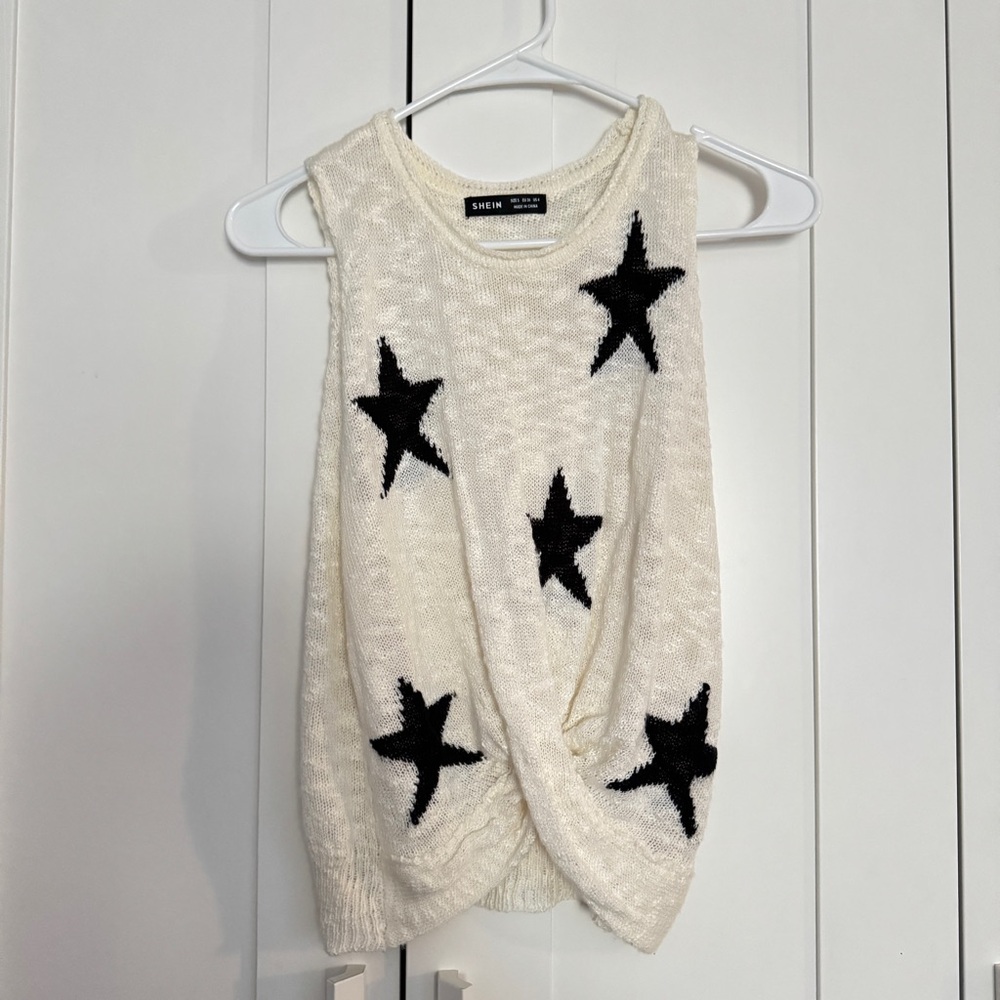 SHEIN White Knit Top with black stars size small